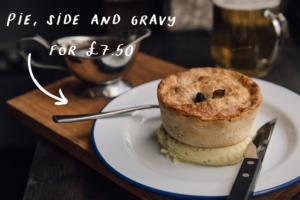Pie on bed of mash with side of gravy