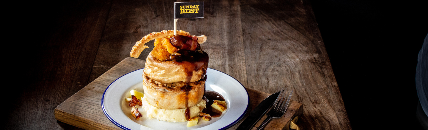 Pie with yorkshire pudding and sunday roast trimmings